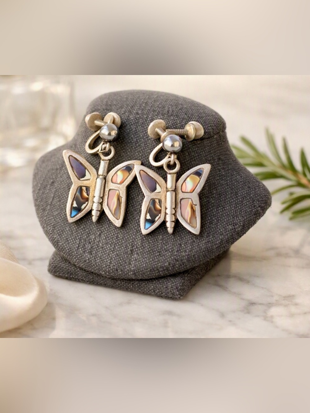 Rare Pre-1948 Vintage Mexican Sterling Silver Earrings - Shell InlaySigned E.LY